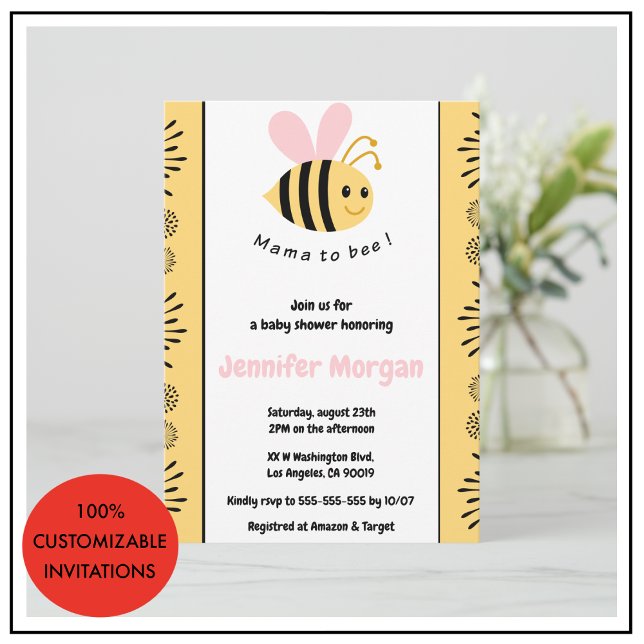 Bee baby shower invitations Mummy to bee Bumblebee (Bee-baby-shower-invitations-Mommy-to-bee-Bumblebe-pink)