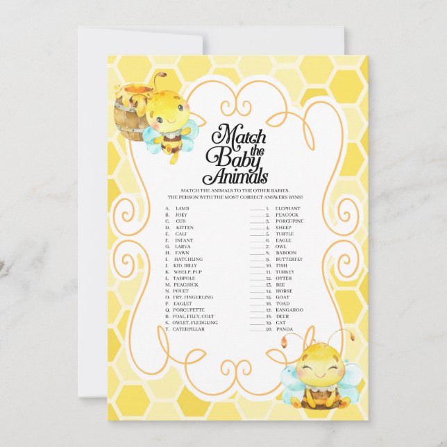 Bee Baby Shower Match The Baby Animals Game Invitation (Front)