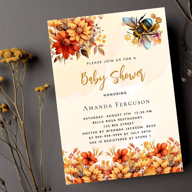 Bee Baby shower orange fall florals luxury Invitation (Creator Uploaded)