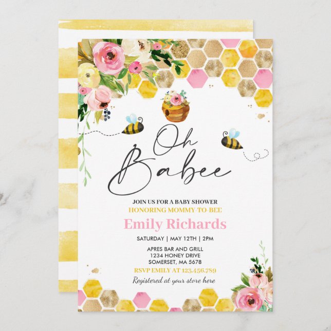 Bee Baby Shower Pink Spring Floral Oh Babee  Invitation (Front/Back)