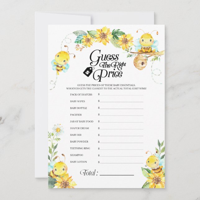 Bee Baby Shower Price Game Invitation (Front)