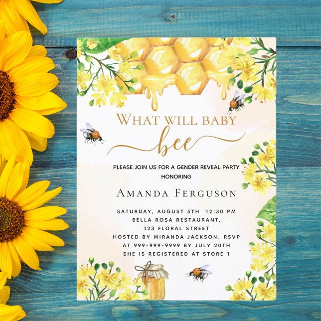 Bee Baby shower yellow floral gender reveal Invitation Postcard (Creator Uploaded)