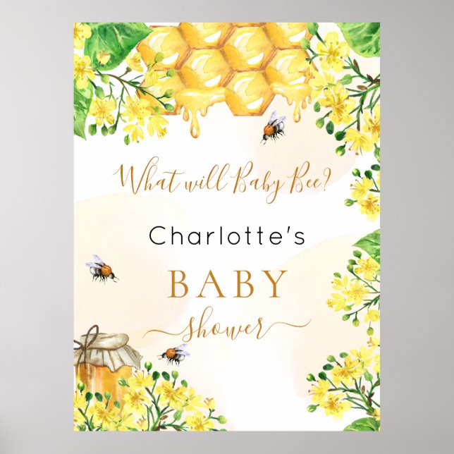 Bee Baby Shower yellow gender reveal party Poster (Front)