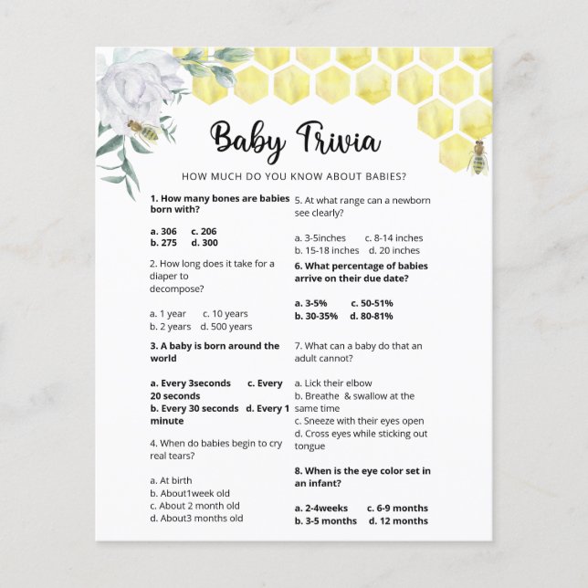 Bee Baby Trivia | Baby Shower Game (Front)