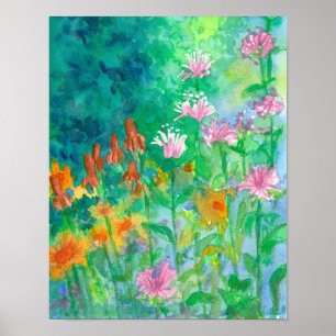 Bee Balm Pink Watercolor Flower Garden Poster
