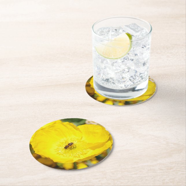Bee Bathed in Yellow  Round Paper Coaster (Insitu)