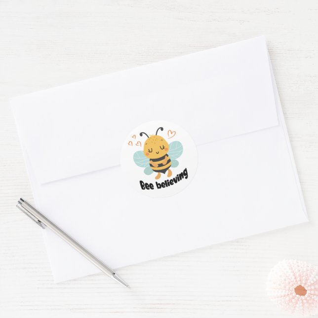 «Bee believing» motivational Classic Round Sticker (Envelope)