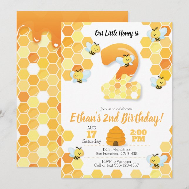 Bee birthday, Bee Invitation for 2nd Birthday (Front/Back)