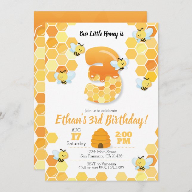 Bee birthday, Bee Invitation for 3rd Birthday (Front/Back)