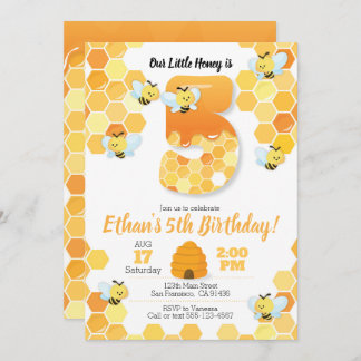 Bee birthday, Bee Invitation for 5th Birthday