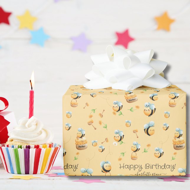 Bee Birthday Happy Birthday Custom Name Wrapping Paper (Creator Uploaded)