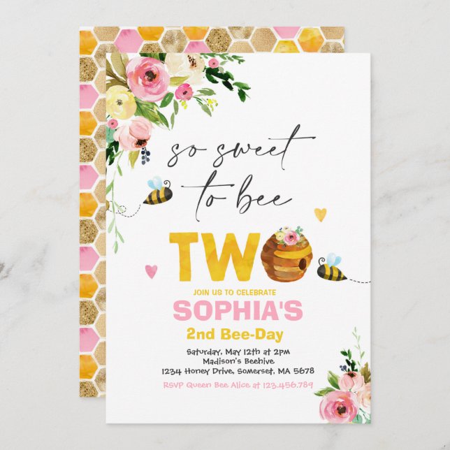 Bee Birthday Invitation Honey Bee Birthday Party (Front/Back)