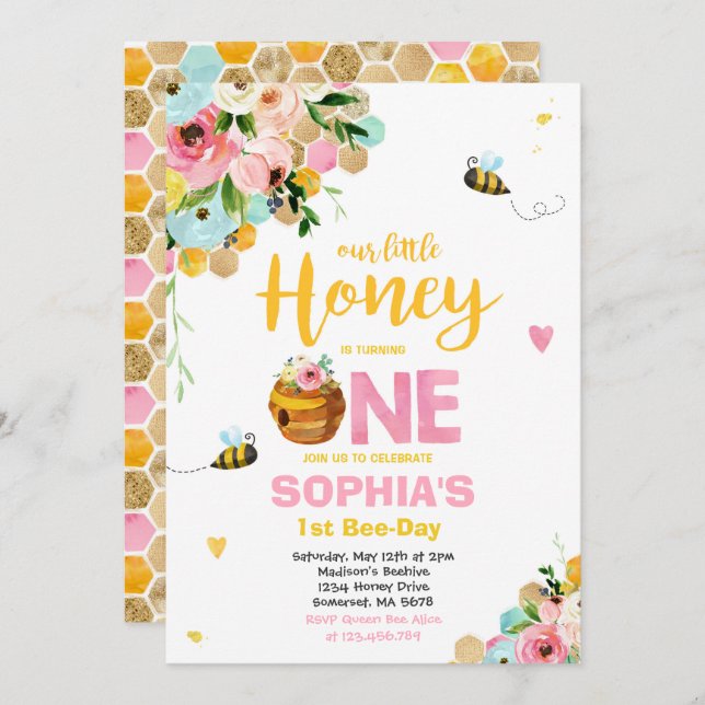 Bee Birthday Invitation Honey Bee Birthday Party (Front/Back)