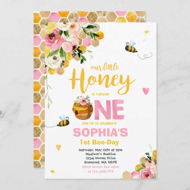 Bee Birthday Invitation Honey Bee Birthday Party (Front/Back)