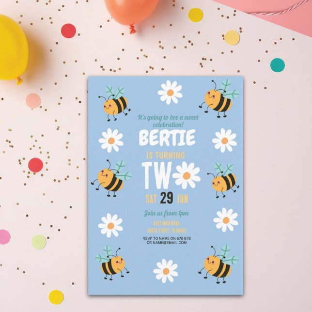 Bee Birthday Invitation Party Blue Daisy Two 2 (Creator Uploaded)