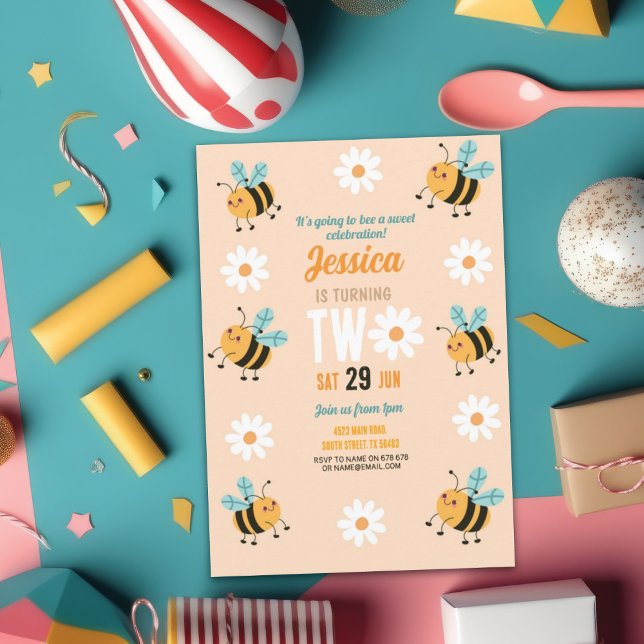 Bee Birthday Invitation Party Flower Daisy Two 2 (Creator Uploaded)