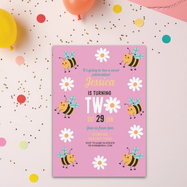 Bee Birthday Invitation Party Pink Daisy Two 2 (Creator Uploaded)
