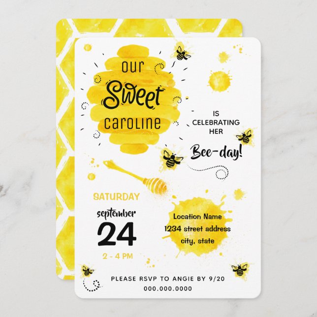 BEE Birthday Party Invitation Honey Bee-day yellow (Front/Back)