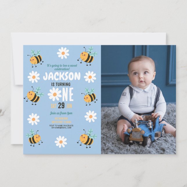Bee Birthday Photo Party Daisy Blue Boys Invitation (Front)