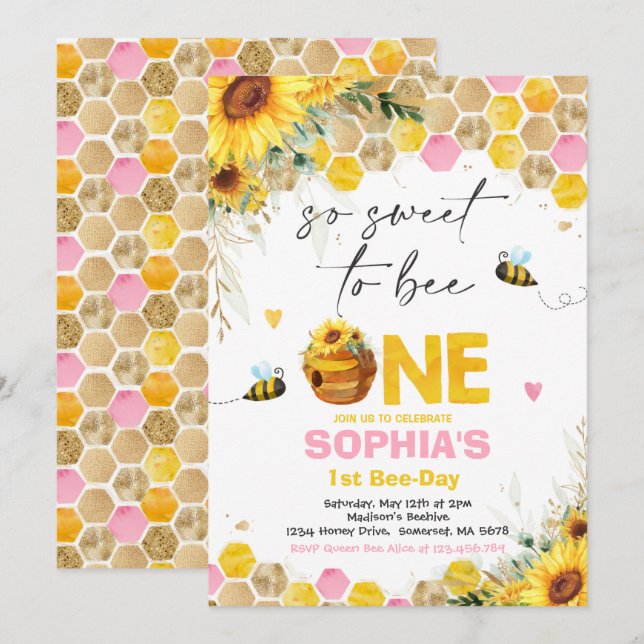 Bee Birthday Sunflower Honey Bee Birthday Party Invitation (Front/Back)