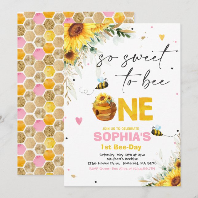 Bee Birthday Sunflower Honey Bee Birthday Party Invitation (Front/Back)