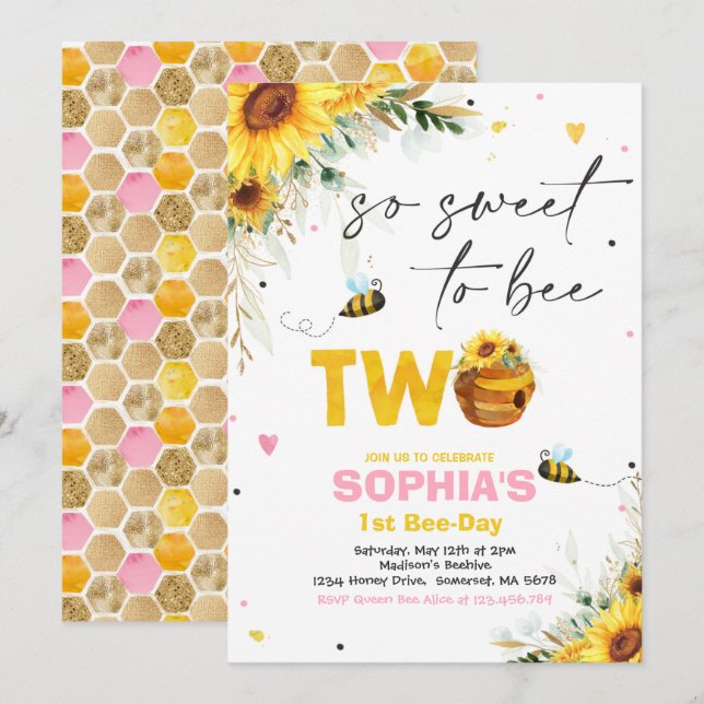 Bee Birthday Sunflower Honey Bee Birthday Party Invitation (Front/Back)