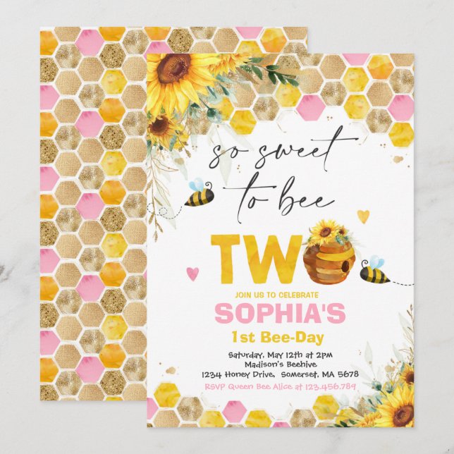 Bee Birthday Sunflower Honey Bee Birthday Party Invitation (Front/Back)