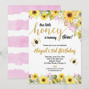 Bee birthday yellow pink floral sunflowers girl invitation