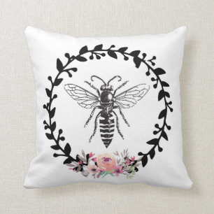Bee Black White Watercolor Floral French Pillow