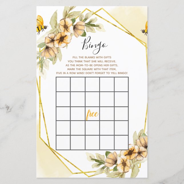 Bee Botanical Watercolor Bingo Game (Front)