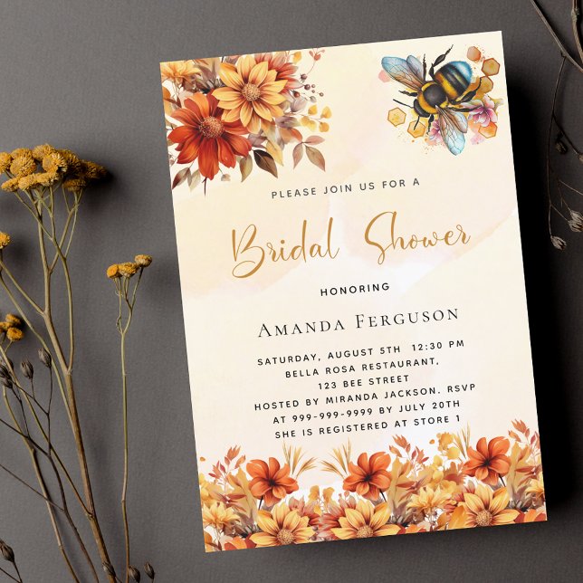 Bee Bridal shower orange fall florals luxury Invitation (Creator Uploaded)