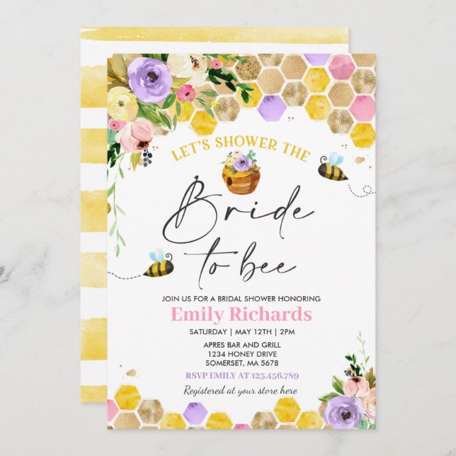 Bee Bridal Shower Pink & Gold Floral Bride To Bee Invitation (Front/Back)