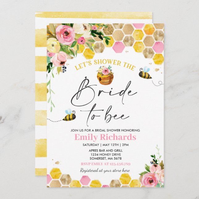 Bee Bridal Shower Pink & Gold Floral Bride To Bee Invitation (Front/Back)