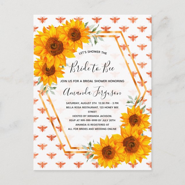 Bee Bridal shower sunflowers rose gold invitation Postcard (Front)