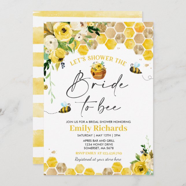 Bee Bridal Shower Yellow Floral Bride To Bee Invitation (Front/Back)