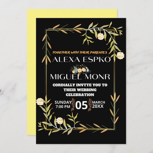 Bee Bridal shower yellow florals party Invitation (Front/Back)