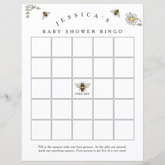 Bee Bumble Bee Baby Shower Bingo Game (Front)