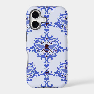 Bee bumblebee blue damask wallpaper pattern case