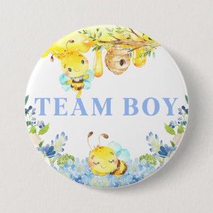 bee bumblebee gender reveal team boy button. 7.5 cm round badge