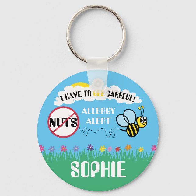 Bee Careful Nut Allergy Alert Kids Personalised Key Ring (Front)