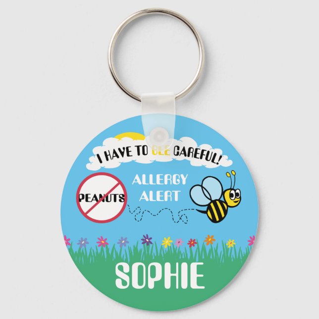 Bee Careful Peanut Allergy Alert Kids Personalised Key Ring (Front)