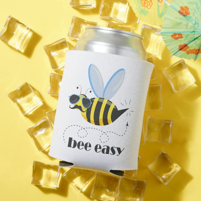 Bee character with moustache sunglasses Bee Easy Can Cooler (In Situ Summer)