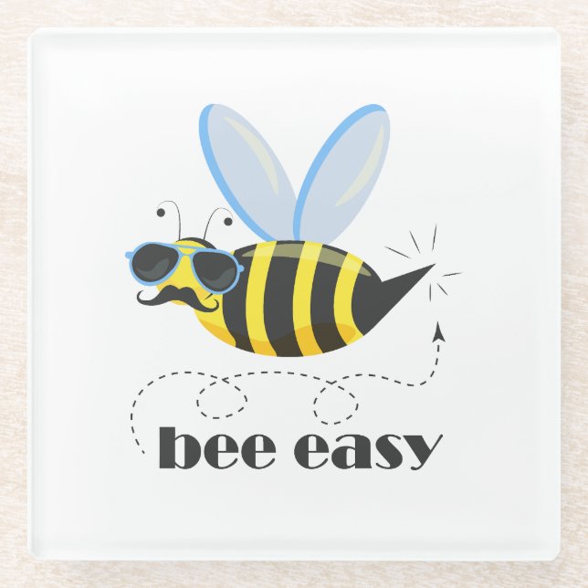Bee character with moustache sunglasses Bee Easy Glass Coaster (Front)