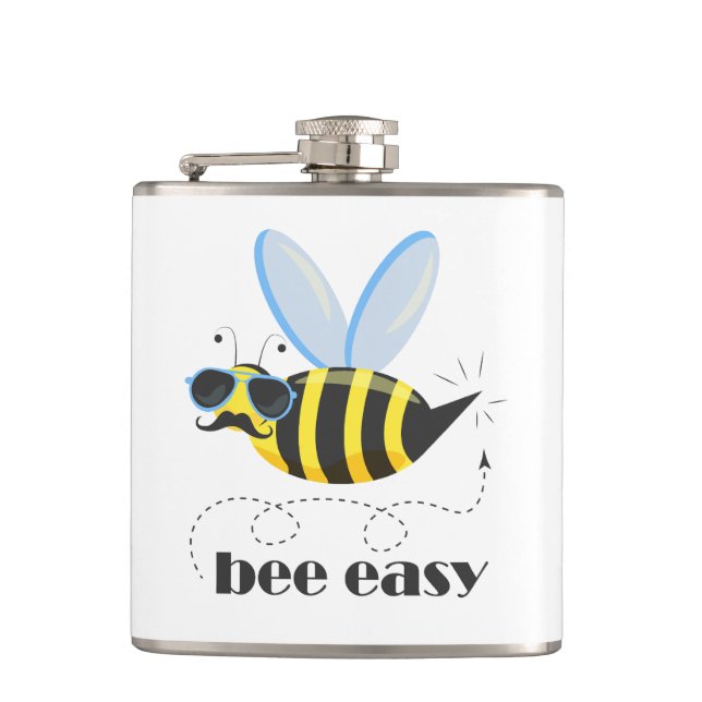 Bee character with moustache sunglasses Bee Easy Hip Flask (Front)