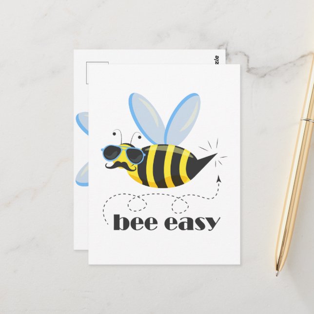 Bee character with moustache sunglasses Bee Easy Postcard (Front/Back In Situ)