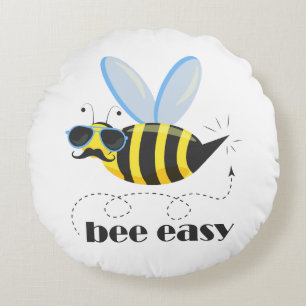 Bee character with moustache sunglasses Bee Easy Round Cushion