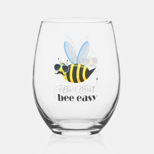 Bee character with moustache sunglasses Bee Easy Stemless Wine Glass