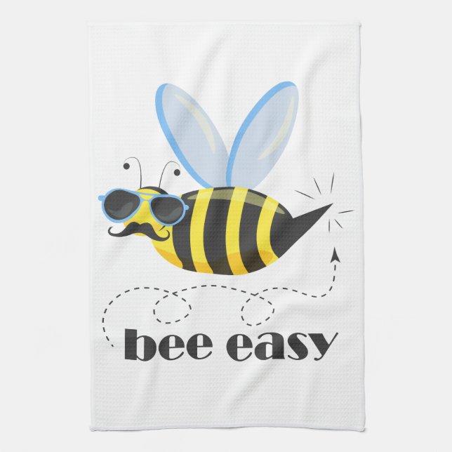 Bee character with moustache sunglasses Bee Easy Tea Towel (Vertical)