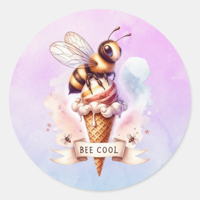 Bee Cool - Cute Bee on Ice Cream Cone Classic Round Sticker (Front)