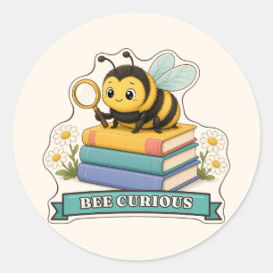 Bee Curious Fuzzy Bee with Magnifying Glass Classic Round Sticker